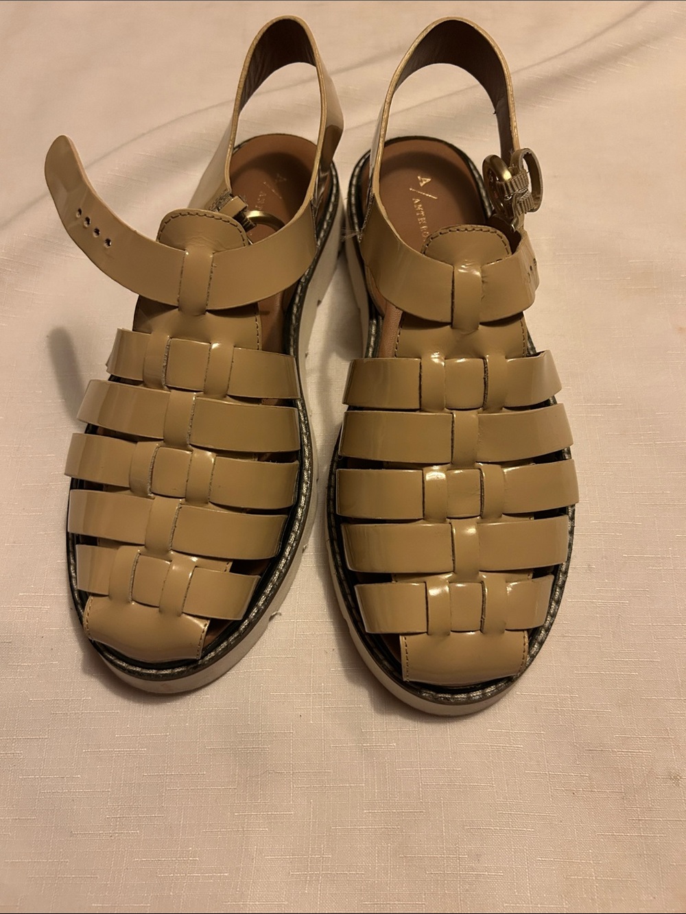 Anthropologie Glossy Tan Woven Fisherman Sandals